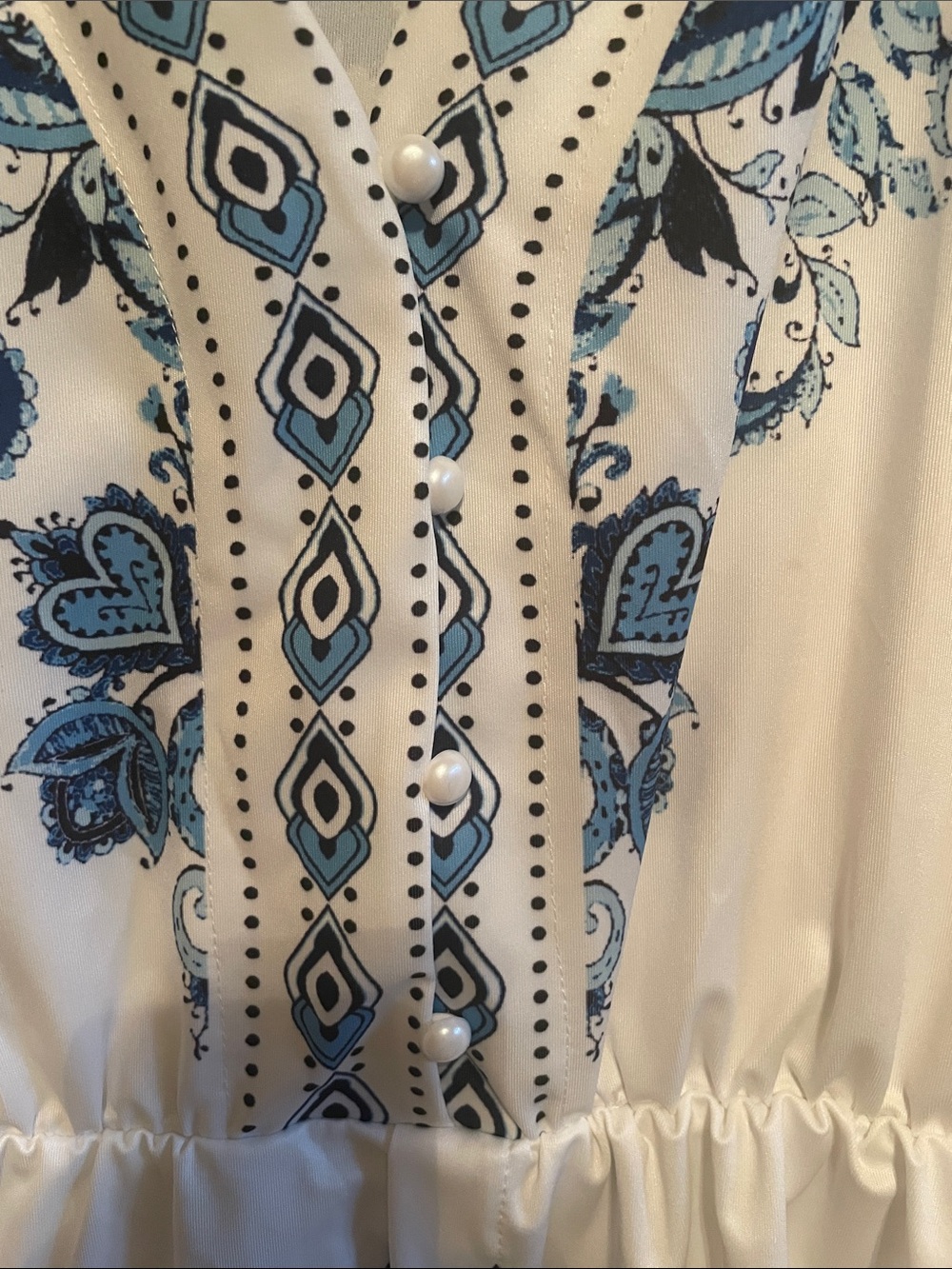 White Boho V-Neck Dress with Blue Paisley Print - Picture 2 of 3